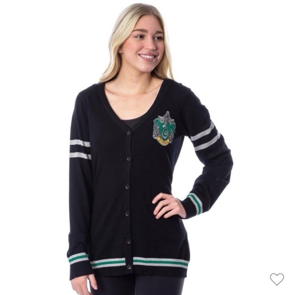 Harry Potter Slytherin Crest Button Front Cardigan Sweater Women's Small Black
